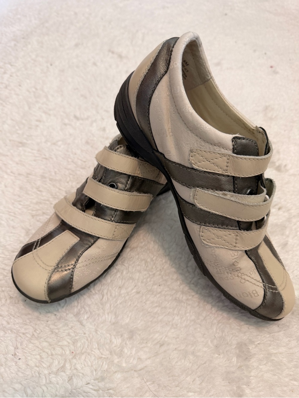 Blondo Cream and Metallic Gray Triple-Strap Sneakers